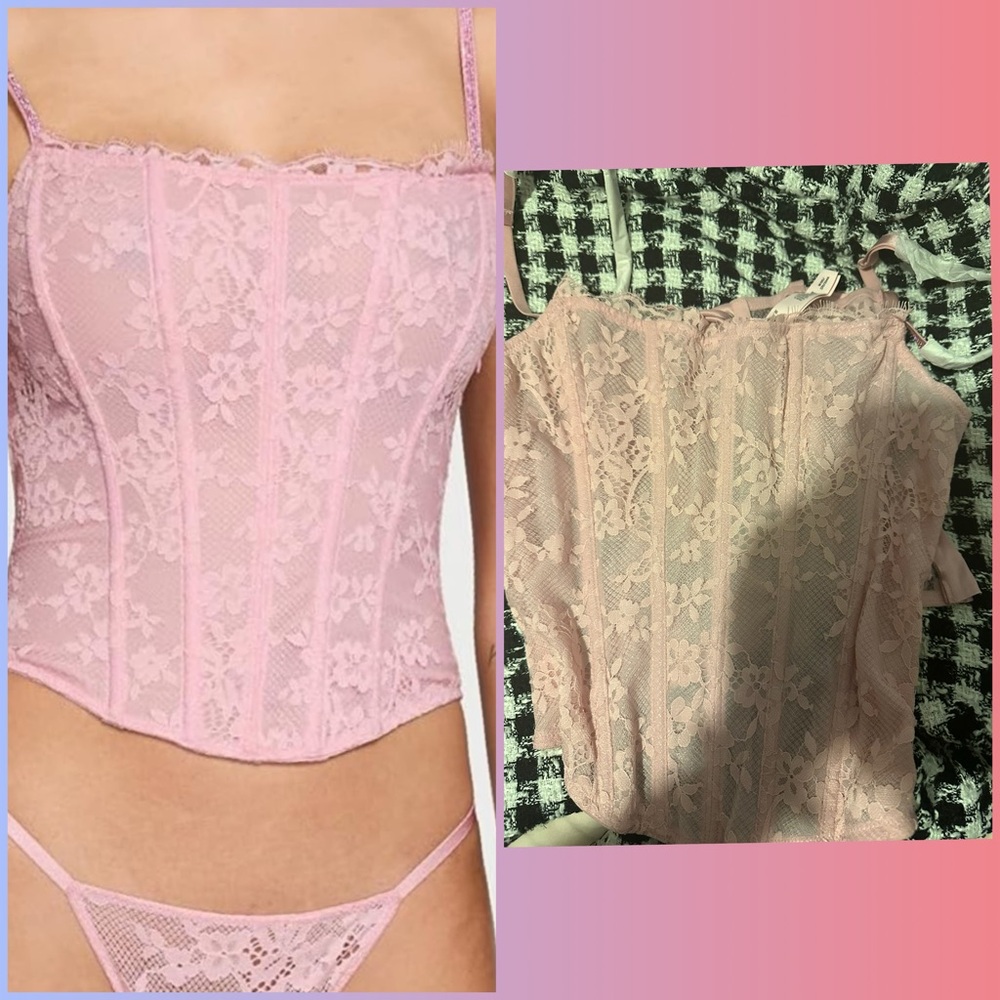 NWT M-DD Victoria’s secret twinkle strap lace corset top set, light pink